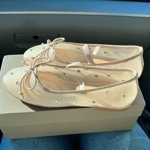 Nude mesh ballet flats with crystal stud gems